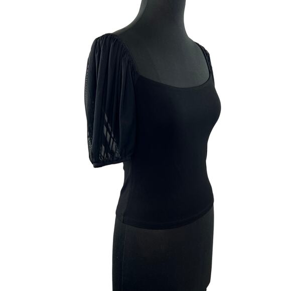FREE PEOPLE INTIMATELY Black Mesh Puff Sleeve Rounded Square Neck Top Size M - Picture 4 of 8